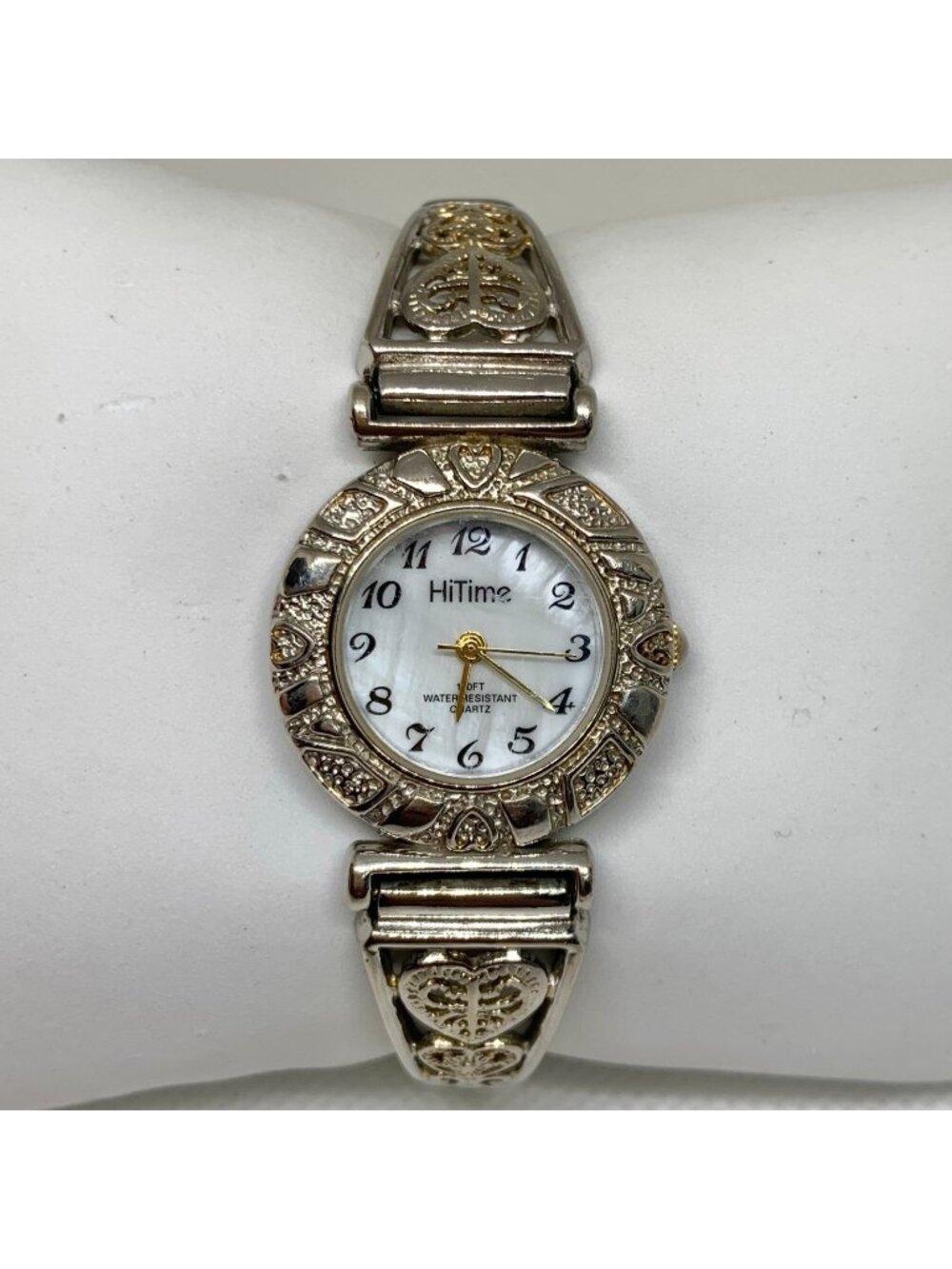 HiTime women’s silver gold tone watch 27mm mop dial stretch 6.5” running